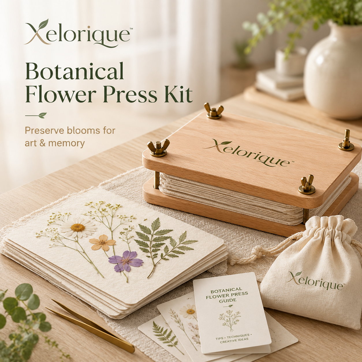 Xelorique™ Botanical Flower Press Kit – Wooden Plant Press, Pressed Flower Art & Nature Craft Set