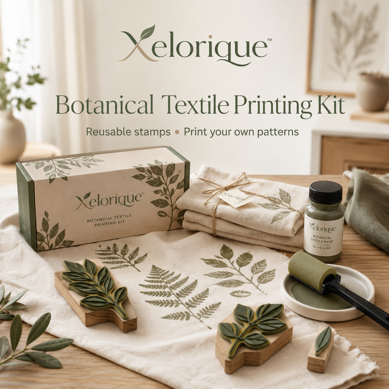 Xelorique™ Botanical Textile Printing Kit – Reusable Stamp Set, Cotton Tea Towel & DIY Fabric Art Craft
