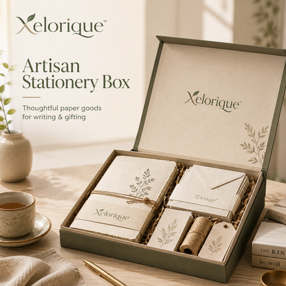 Xelorique™ Artisan Recycled Paper Stationery Box – Handmade Notebook, Letter Writing Cards & Eco Gift Set