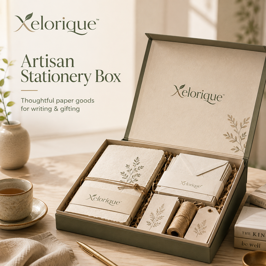 Xelorique™ Artisan Recycled Paper Stationery Box – Handmade Notebook, Letter Writing Cards & Eco Gift Set