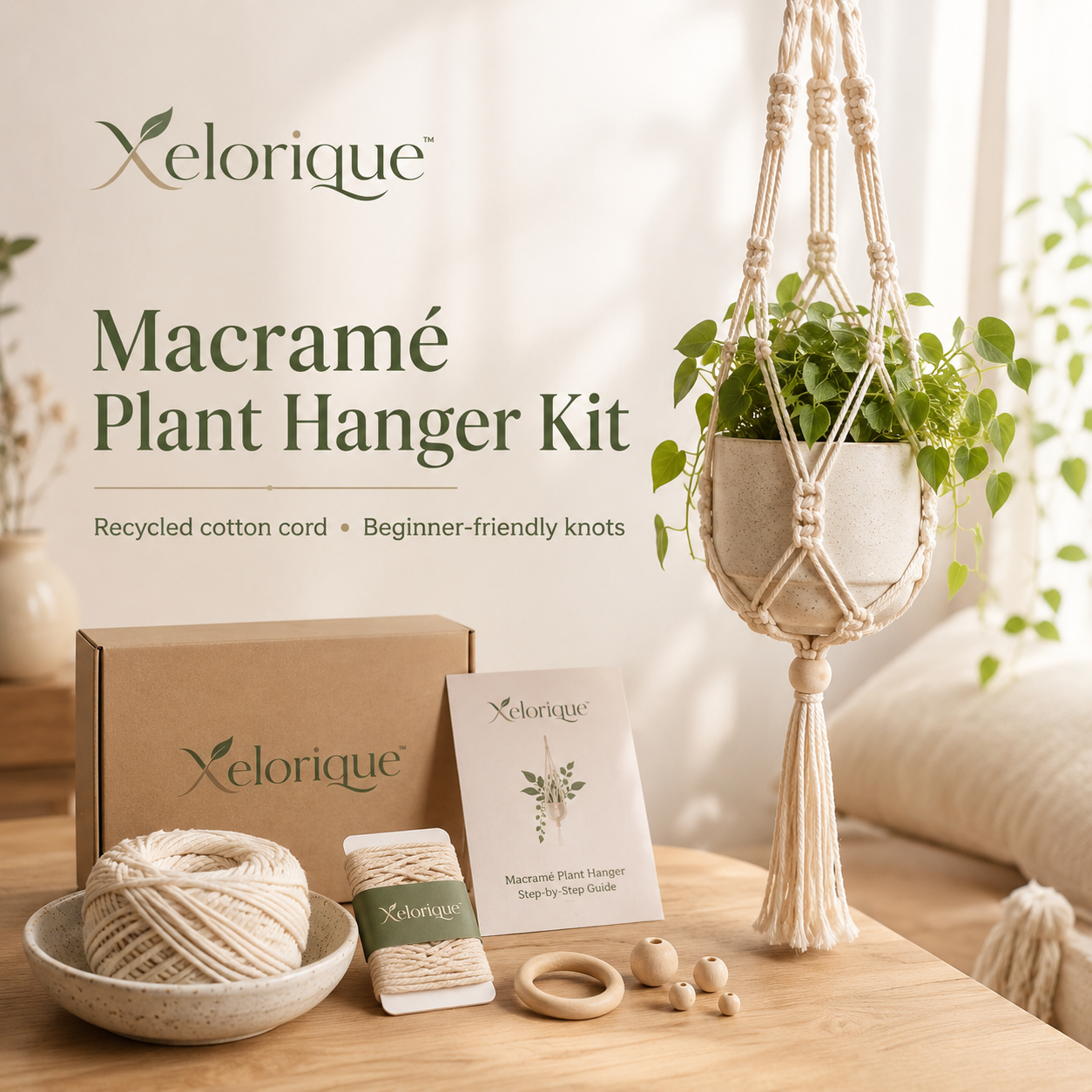 Xelorique™ Recycled Cotton Macramé Plant Hanger Kit – Beginner DIY Knotting Craft & Boho Home Décor Set