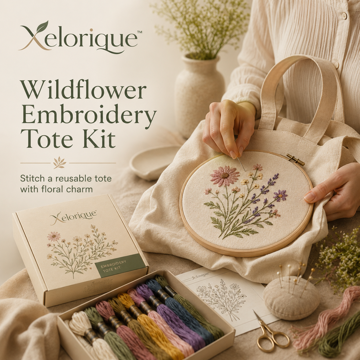 Xelorique™ Wildflower Embroidery Tote Kit – Cotton Canvas Bag, Beginner Hand Stitching & Floral Craft Set