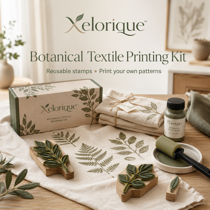 Xelorique™ Botanical Textile Printing Kit – Reusable Stamp Set, Cotton Tea Towel & DIY Fabric Art Craft